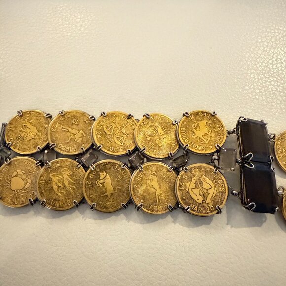 VINTAGE IRADJ MOINI COIN BRACELET ANTIQUE GOLD PLATED SMOKY QUARTZ - Picture 2 of 5